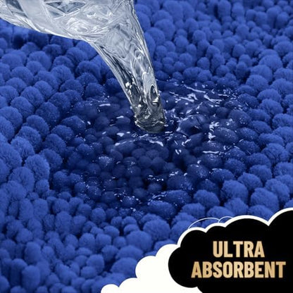 OLANLY Thick Bathroom Rugs 30x20, Chenille Striped Bath Rugs, Royal Blue