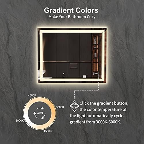 LED Bathroom Mirror, 40x32 Inch Gradient Front and Backlight Bathroom Vanity Mirror, 3 Colors Dimmable CRI>90 Double Lights, IP54 Enhanced Anti-Fog, Hanging Plates Wall Mount LED Mirror