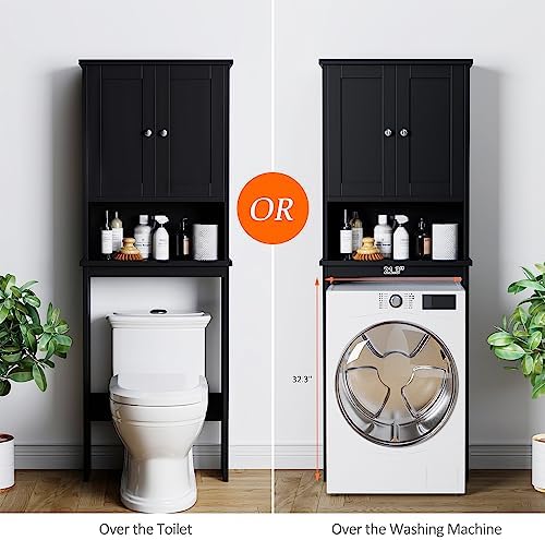 Over the Toilet Storage Cabinet for Bathroom, Black Bathroom Over Toilet Cabinet Freestanding Storage Organizer, Space Saver with Doors and Adjustable Shelf, Black