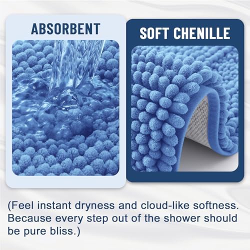 Grandaily Chenille Striped Bathroom Rugs 44x24, Extra Thick and Soft Absorbent Bath Mats, Rubber Backing, Plush Shaggy Shower Carpet, Machine Wash Dry, Bath Rug for Bathroom, Cornflower Blue