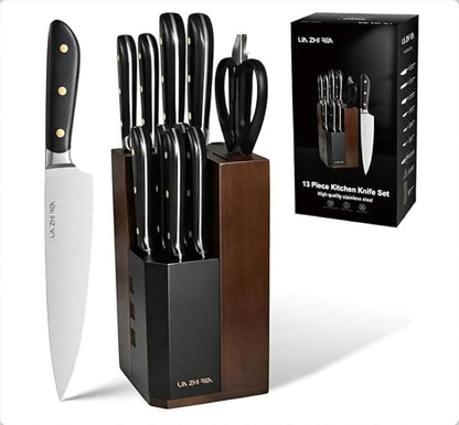 Kitchen Knife Set, 13 Pieces German Stainless Steel Knife Block Set for Chopping, Professional Chef Knife, Lightweight, Black Anti-slip Handle, Dishwasher Safe（black）
