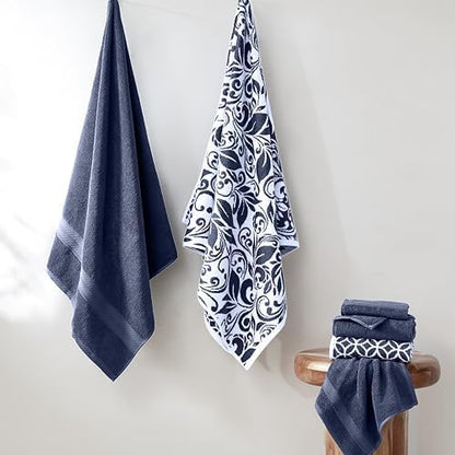 Modern Threads 6 Piece Bath Towel Set – Bathroom Set with 2 Bath Towels, 2 Hand Towels, and 2 Wash Cloths – 100% Cotton, Super Absorbent & Extra Soft – Reversible Botanical Vine (Navy)