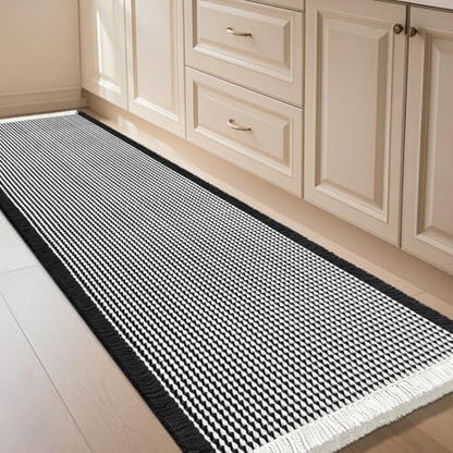 IM HOME Extra Large Waffle Bath Mat Black & Cream 6'x2'(72" x 24"), Boho Woven Modern Bath Mat Rugs, Absorbent Non Slip Bathroom Rugs, Soft Washable Bath Rugs with Tassels for Bathroom