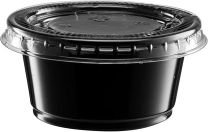 2 oz - 100 Sets Black Diposable Plastic Portion Cups With Lids, Small Mini Containers For Portion Controll, Jello Shots, Meal Prep, Sauce Cups, Slime, Condiments, Medicine, Dressings, Crafts