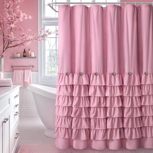 Ruffle Farmhouse Shower Curtain, Pink Vintage Shower Curtains for Bathroom Fabric Cute Rustic Cloth, 72" W X 72" L Inch