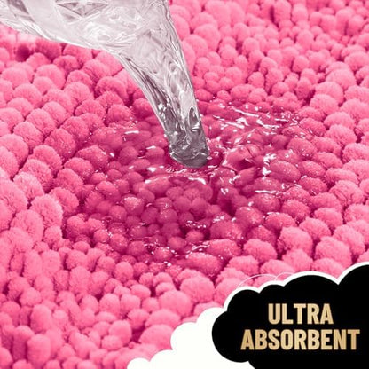 OLANLY Thick Bathroom Rugs 30x20, Soft Chenille Striped Bath Rugs, Hot Pink