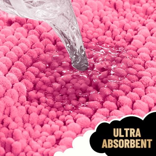 OLANLY Thick Small Bathroom Rugs 24x16, Soft Chenille Bath Rugs, Hot Pink