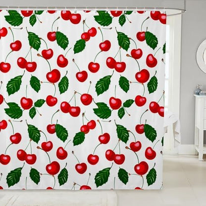 Feelyou Fruit Shower Curtain, Cherry Design Fresh Berry Fruit Summer Green Garden Digital Print, Botanical Leaves Fabric Bathroom Decor Set with Hooks, 72" W x 78" L, White Red Green