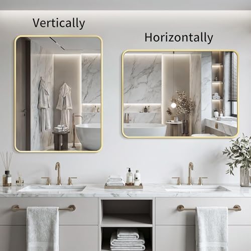 Bathroom Mirror for Wall, 30"x40" Black Bathroom Mirror for Over Sink, Shatterproof Tempered Glass Vanity Mirror with Anti-Rust Aluminum Alloy Frame, Hang Horizontally or Vertically, Gold