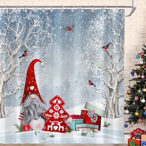 Winter Christmas Shower Curtain for Bathroom 72W*72H Inch Cute Gnome Cardinals Snowflake Snowy Bird Forest Holiday Decorations Bathtub Decor Waterproof Polyester Fabric Set