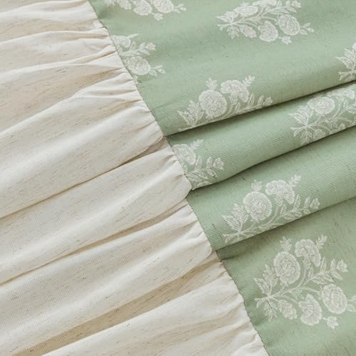 ORTIGIA Linen Textured Ruffle Shower Curtain with Metal Hooks, Green Vintage Block Print Floral Boho Waterproof Bath Curtain for Rustic Farmhouse Bathroom Decor 72x72 Inch