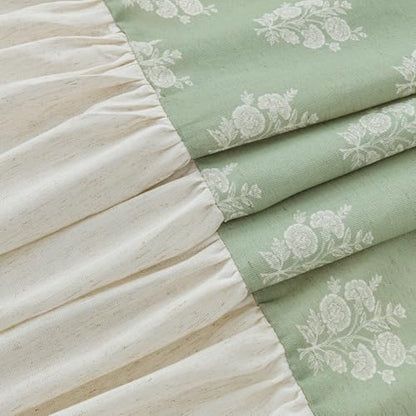 ORTIGIA Linen Textured Ruffle Shower Curtain with Metal Hooks, Green Vintage Block Print Floral Boho Waterproof Bath Curtain for Rustic Farmhouse Bathroom Decor 72x72 Inch