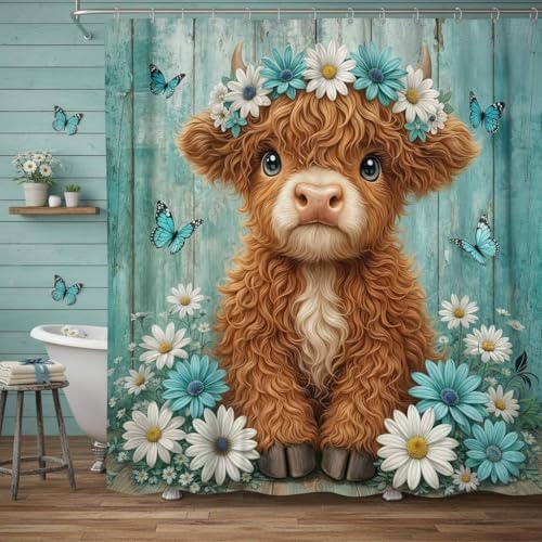 Cute Cow Shower Curtain, Farmhouse Rustic Teal Floral Daisy Highland Cow Shower Curtains for Bathroom, Calf Country Farm Animal Garden Plant Fabric Bathroom Decor with Hooks, 70x72 inch
