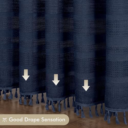 OVZME Navy Blue Shower Curtain for Bathroom, Boho Linen Textured Shower Curtain with Tassel, Rustic Striped Heavy Duty Vintage Country Bathroom Curtain, 72Wx72L Inches