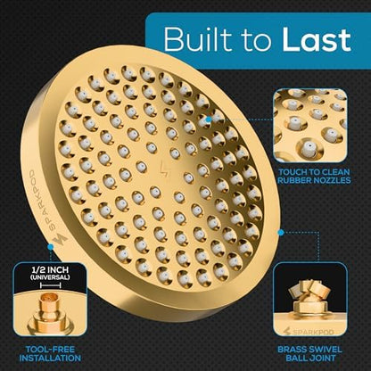 SparkPod Rain Shower Head, 6 Inch Round, Egyptian Gold Finish