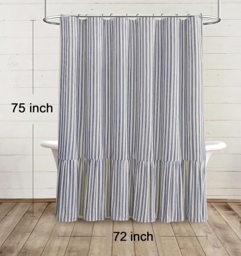 Farmhouse Shower Curtain Ruffle Linen Cream-Blue Stripe 72"W x 75"L