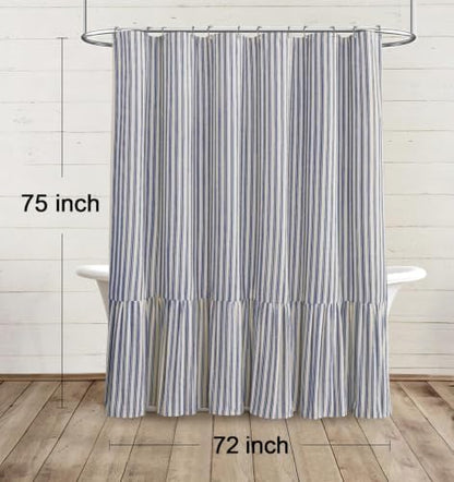 Farmhouse Shower Curtain Ruffle Linen Cream-Blue Stripe 72"W x 75"L
