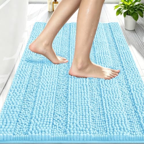 Smiry Thick Chenille Bathroom Rugs 30x20, Soft Absorbent Bath Mat, Sky Blue
