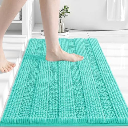 Grandaily Chenille Striped Bathroom Rugs 24x16, Extra Thick and Absorbent Bath Mats, Non-Slip Soft Plush Shaggy Shower Carpet, Machine Wash Dry, Bath Rug for Bathroom, (Small, Teal)