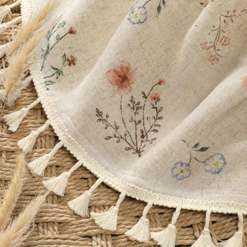 Floral Farmhouse Vintage Linen Shower Curtain with Tassel 72Wx90H