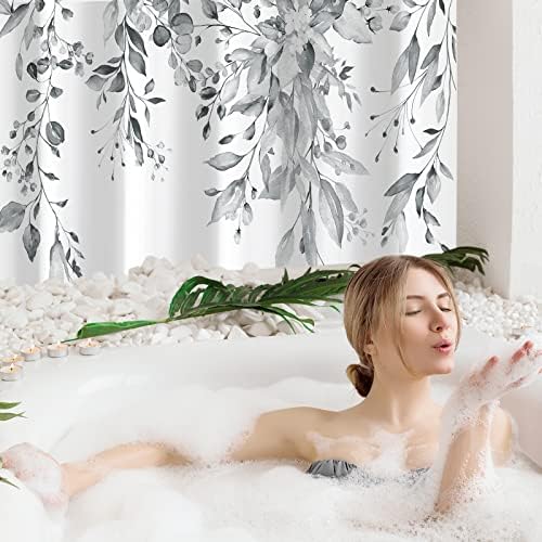 Gibelle Grey Eucalyptus Shower Curtain, Watercolor Floral Print, 72x84