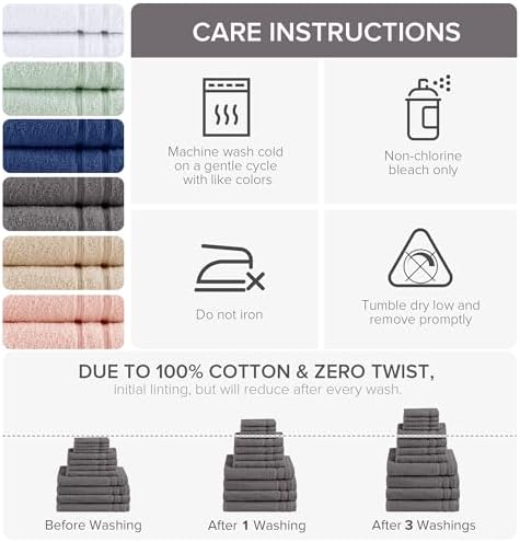 Comfort Spaces 12 Pc Towel Set, 100% Cotton Zero Twist, Dark Grey