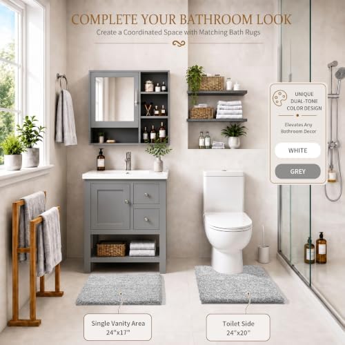 Yimobra Fluffy Toilet Rugs U Shaped, Shaggy Soft Comfortable Non Slip, Water Absorbent Microfiber Bath Mat, Dries Quickly, Machine Washable Thick Bathroom Floor Rugs, 24"x 20", Light Gray and White