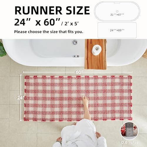 TYUU Long Christmas Bath Mat, Cute Waffle Runner Rug, 60x24 Red & White