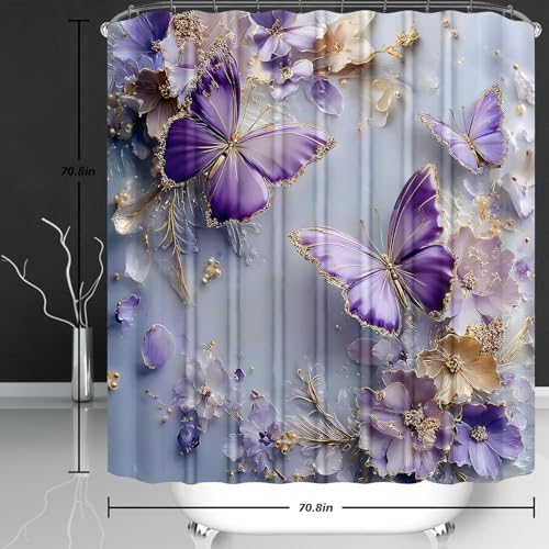 Chrainy 4pcs Purple Butterfly Shower Cutain Set Bathroom Decor with Rugs