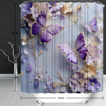 Chrainy 4pcs Purple Butterfly Shower Cutain Set Bathroom Decor with Rugs