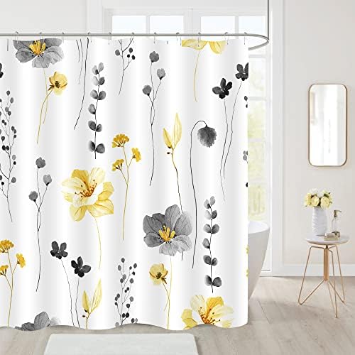 Gibelle Yellow Beige Watercolor Floral Fabric Shower Curtain, 72x84