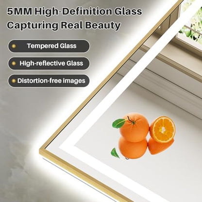 48x30 Inch LED Bathroom Mirror with Gold Frame, Backlit & Front Lit