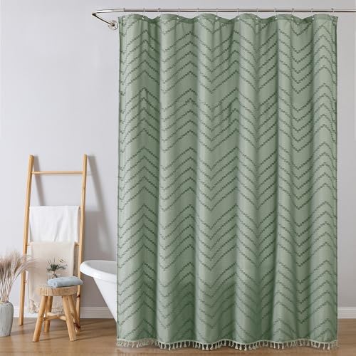 OWENIE Extra Long Sage Green Boho Shower Curtain, Chic Tufted Chevron Striped Textured Fabric Cloth Shower Curtains with Tassel for Bathroom, Soft Hotel Style Farmhouse, Machine Washable, 72x84