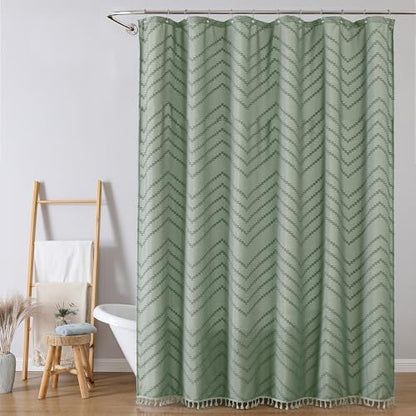 OWENIE Extra Long Sage Green Boho Shower Curtain, Chic Tufted Chevron Striped Textured Fabric Cloth Shower Curtains with Tassel for Bathroom, Soft Hotel Style Farmhouse, Machine Washable, 72x84