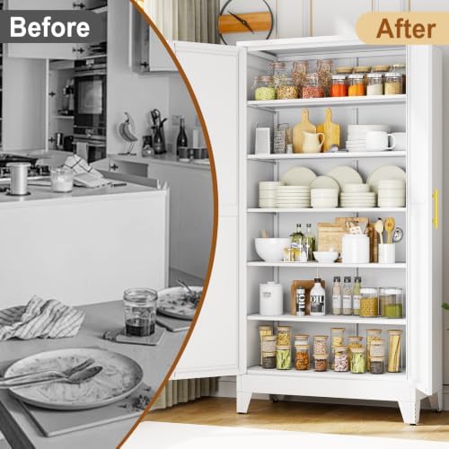 79" White Metal Storage Cabinet with 2 Doors and 5 Adjustable Shelves,Steel Garage Tool Cabinet, File Cabinet,Kitchen Pantry Cabinet for Home,Office,Garage,School,Warehouse