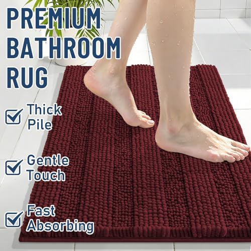 Grandaily Chenille Striped Bathroom Rugs 36x24, Extra Thick and Soft Absorbent Bath Mats, Rubber Backing, Plush Shaggy Shower Carpet, Machine Wash Dry, Bath Rug for Bathroom, Reddish Brown