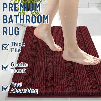Grandaily Chenille Striped Bathroom Rugs 44x24, Extra Thick and Soft Absorbent Bath Mats, Rubber Backing, Plush Shaggy Shower Carpet, Machine Wash Dry, Bath Rug for Bathroom, Reddish Brown
