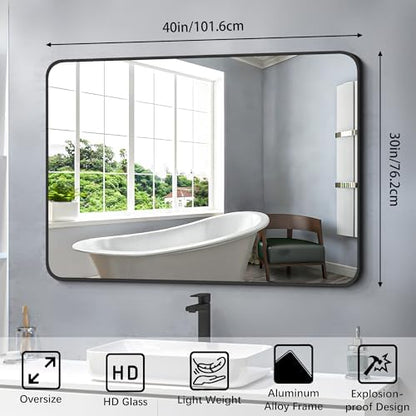 FORBATH Bathroom Mirror 30" X 40", Large Rectangular Wall Mirror, Black Metal Framed Rounded Corner Wall Mounted Mirror for Bathroom Bedroom Entryway Decor(Horizontal/Vertical)