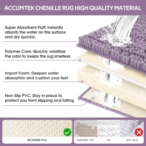 ACCUMTEK Upgrade Extra Large Lavender Bathroom Rug Set 3 Pieces Ultra Soft, Thick Absorbent Bath Mats, Non Slip Chenille Toilet Mat for Bathroom, Bedroom, Kitchen