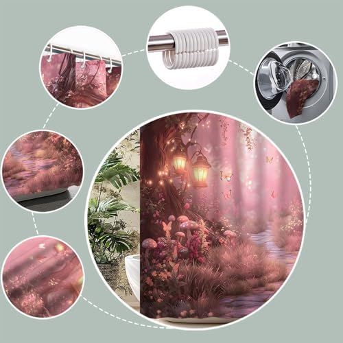 Fantasy Forest Path Shower Curtain Pink Fairy Magical Enchanted Misty Jungle Mushroom Floral Tree Butterfly Lantern Wonderland Bath Curtain Fabric Bathroom Accessories Decor with Hooks 35W x70L