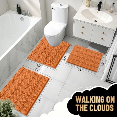 OLANLY Thick Bathroom Rugs 36x24, Soft Chenille Striped Bath Rugs, Clay