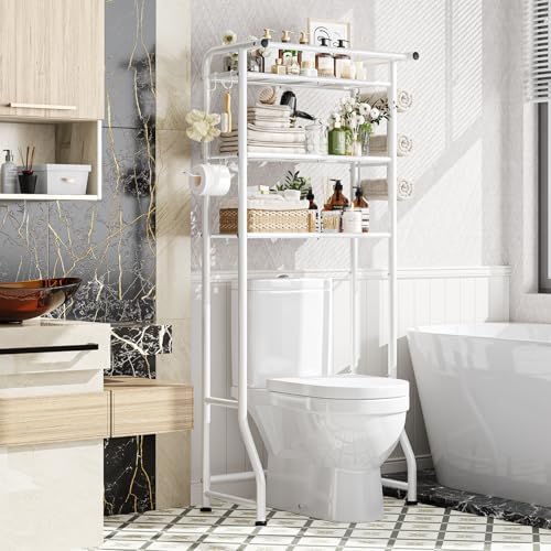 Simple Trending 3 Tier Over The Toilet Storage Rack, Metal Bathroom Shelf, Bathroom Stand Organizer Space Saver with Paper Holder and Hooks, White