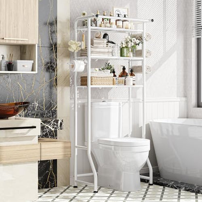 Simple Trending 3 Tier Over The Toilet Storage Rack, Metal Bathroom Shelf, Bathroom Stand Organizer Space Saver with Paper Holder and Hooks, White