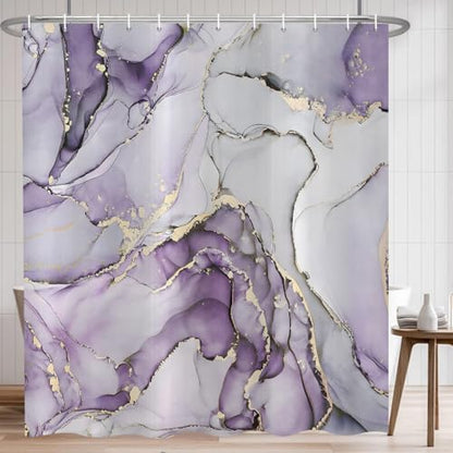 Purple Marble Shower Curtain, Modern Abstract Luxury Purple Gold Ink Texture Watercolor Art Bathroom Curtains Ombre Machine Washable Waterproof Fabric Bathtub Curtain Set with Hooks 72" Wx72 L