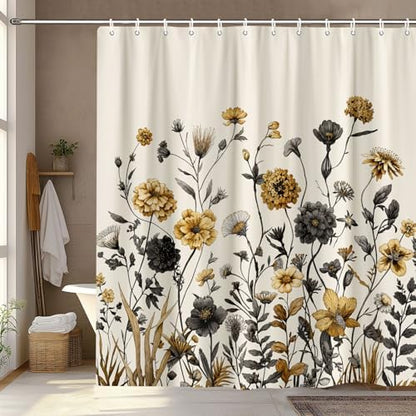 Vintage Boho Beige Floral Shower Curtain, Black Gold Rustic Farmhouse Flower Shower Curtain Set, Cute Botanical Wlidflowers Fabric Shower Curtains Decoration, 72X72 Aesthetic Bathroom Accessories