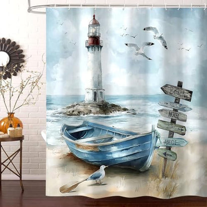 Nautical Coastal Shower Curtain, Ocean Beach Lighthouse Shower Curtain, Blue Teal Seasides Sailboat Bathroom Accessories Fabric Waterproof with Hooks,60X70in
