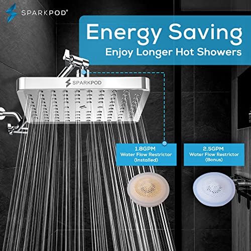 SparkPod Rain Shower Head, 8 Inch Square, Luxury Polished Chrome Finish