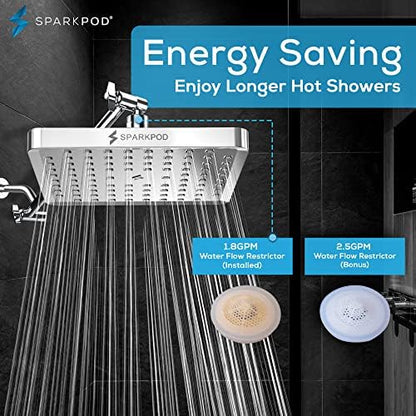 SparkPod Rain Shower Head, 8 Inch Square, Luxury Polished Chrome Finish