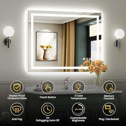 Briivue 48x36 Inch LED Bathroom Mirror with Lights, Backlit & Front Lit