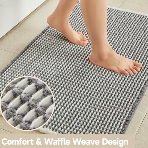 TYUU Waffle Bath Mat, Boho Bathroom Rugs Non Slip, 36x24 Grey & White